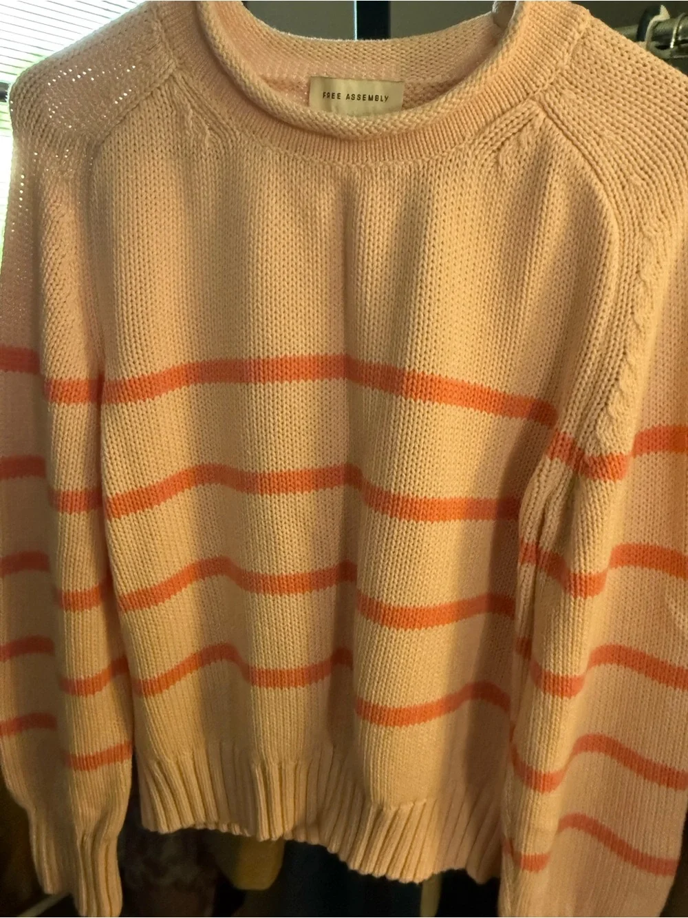 Free Assembly Cream Sweater with Coral Stripes — Crew Neck
